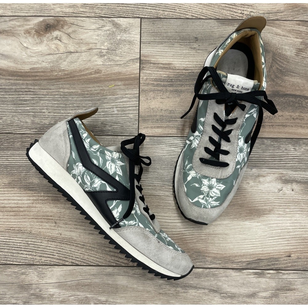 Rag & Bone Retro Runner Mesh Sneaker Sage Green Floral Suede Womens 8.5 38.5
